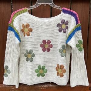 Duwaykam White Colorful Embroidered Flower Power Floral Knit Stripe Sweater Boho